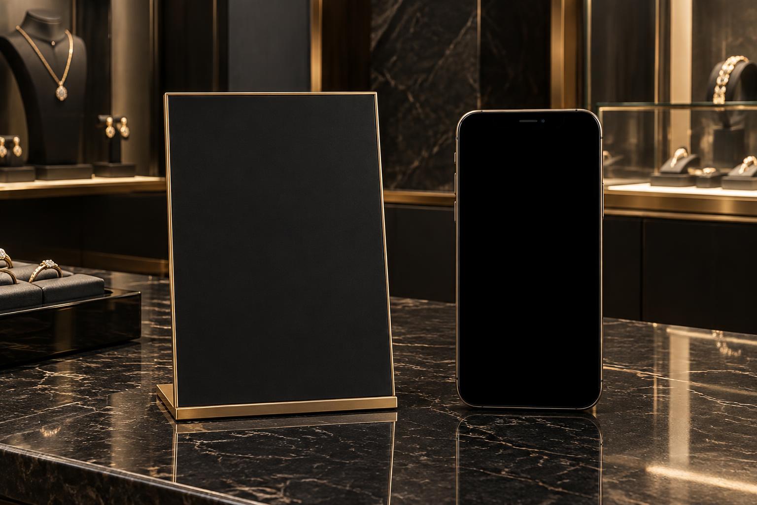 Kuyumcu tezgâhında Goldine müşteri standı ve telefon deneyimi tasviri